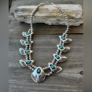 Native American Sterling Silver And Turquoise Bear Paw Necklace